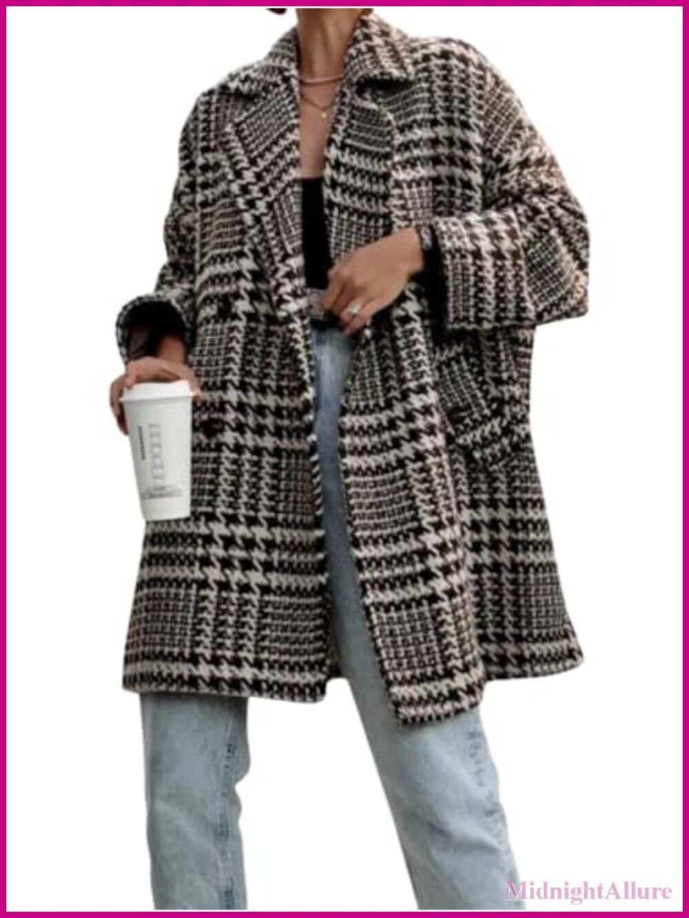 Womens Oversized Tweed Plaid Double Breasted Open Front Jacket Coat